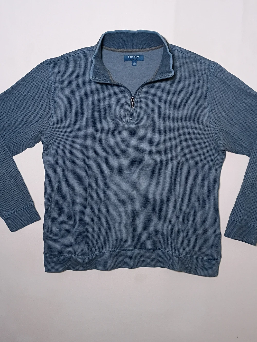 Cole Haan Grand OS Mens Pullover 1/4 Zip Sweater Large Blue Textured Mock Neck